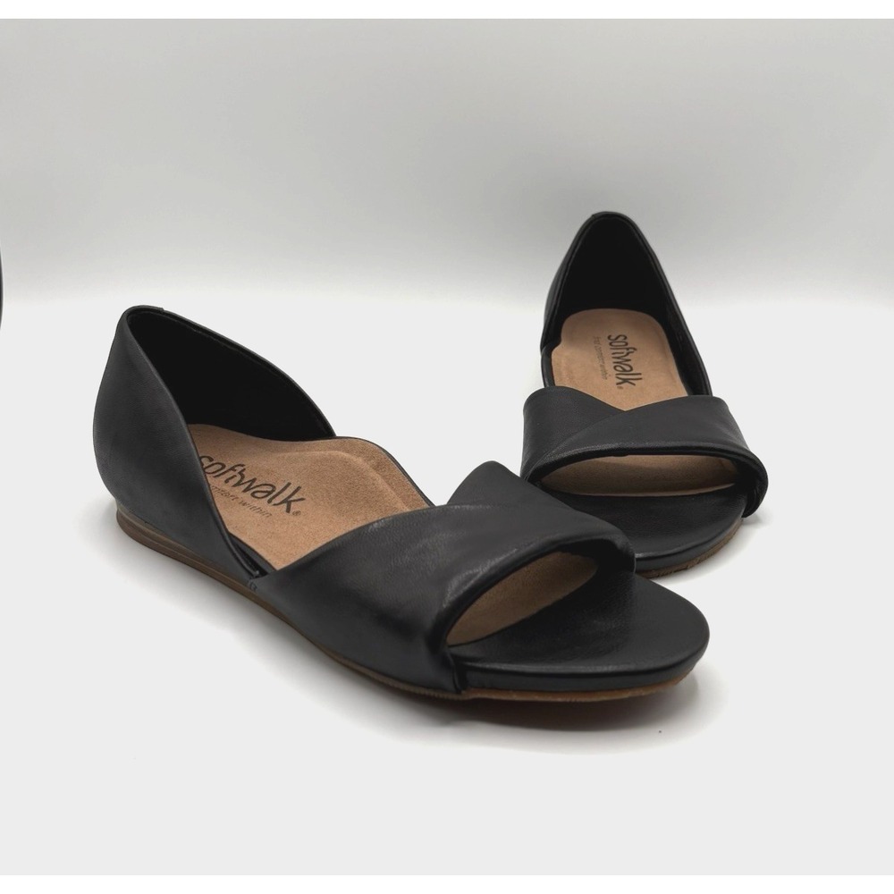 SOFTWALK Cypress Sandals Women's Size 6.5 Black Leather Slip-On Flats S2307 NWOB